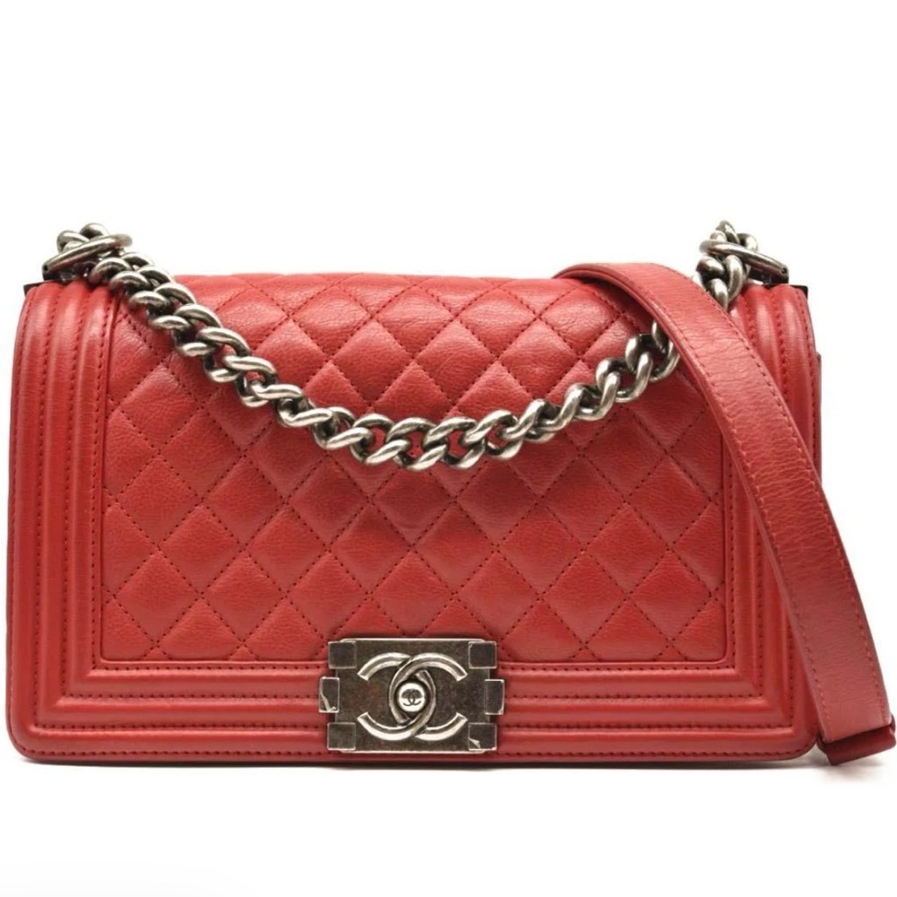 CHANEL Red Quilted Boy Shoulder Bag with Silver Hardware